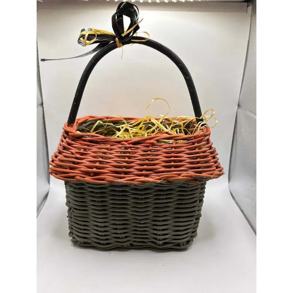 Vintage Halloween Blue & Orange Wicker Basket Handle Witch Bats 10
